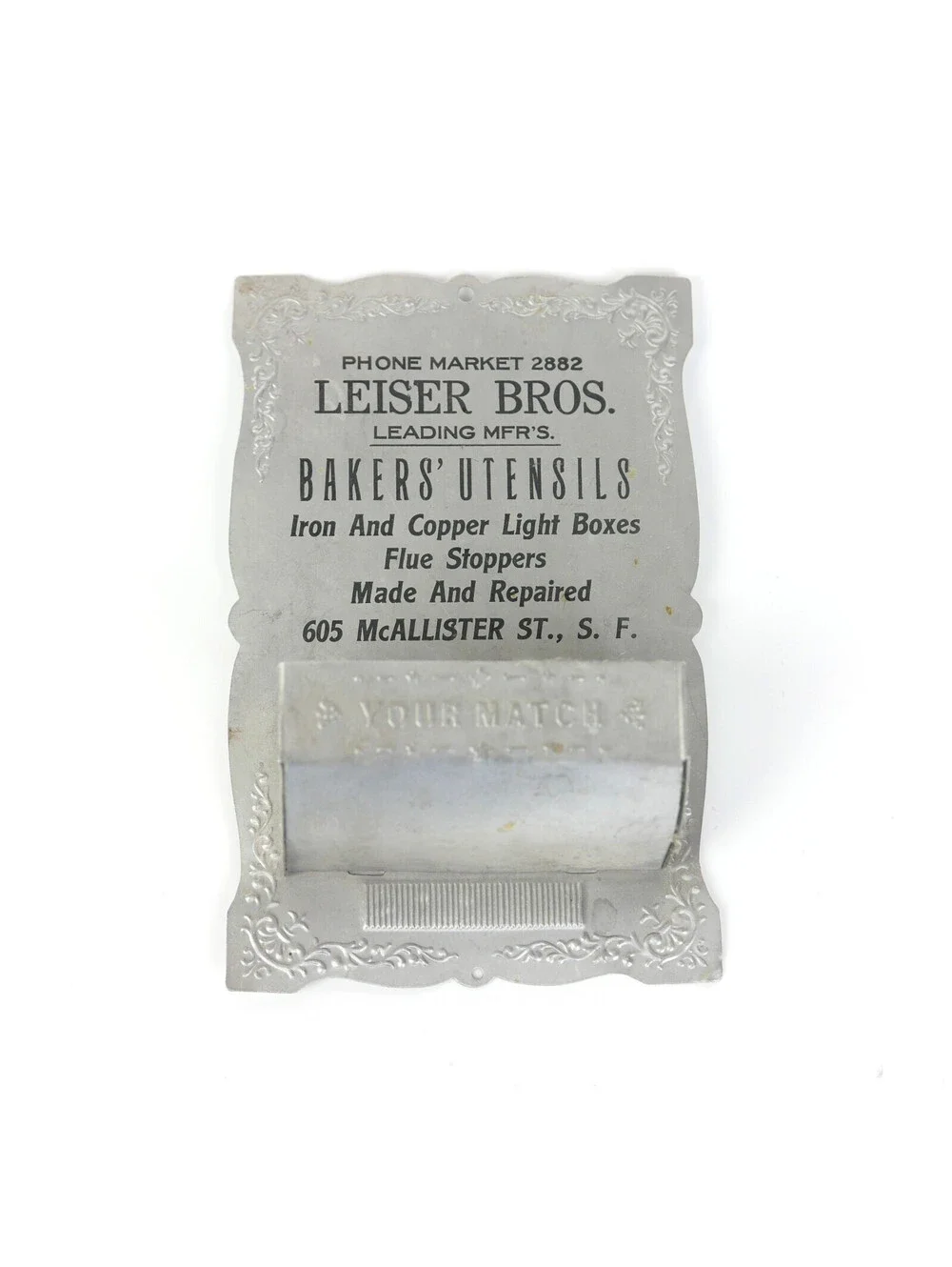 Antique Leiser Bros San Francisco Tin Wall Match Holder Striker Box Safe 1910s